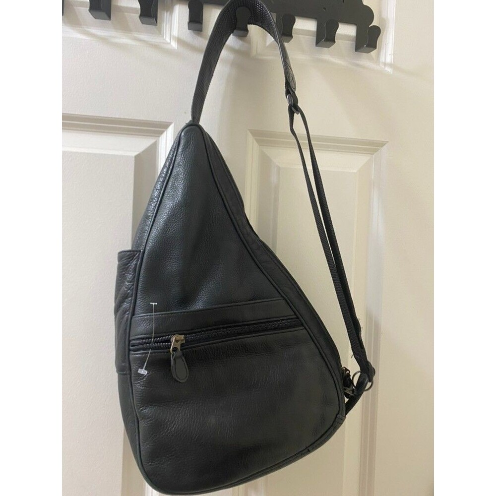 LL Bean Ameribag Black Leather Sling Bag Healthy Back Bag Vintage